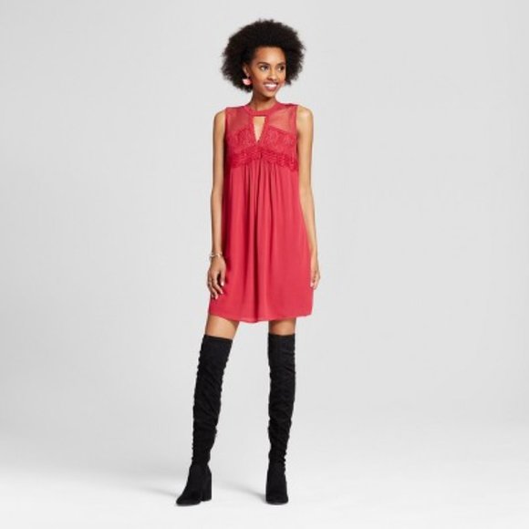 NEW! Cutout Sheer-Neck Shift Crimson Red Dress - Picture 1 of 5